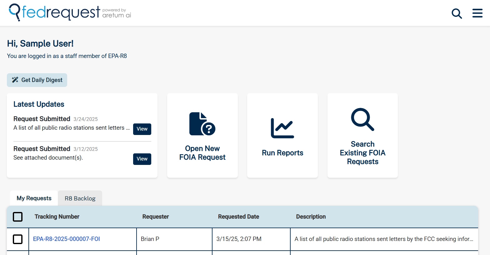 FedRequest sample dashboard with request tracking, reports and search tiles