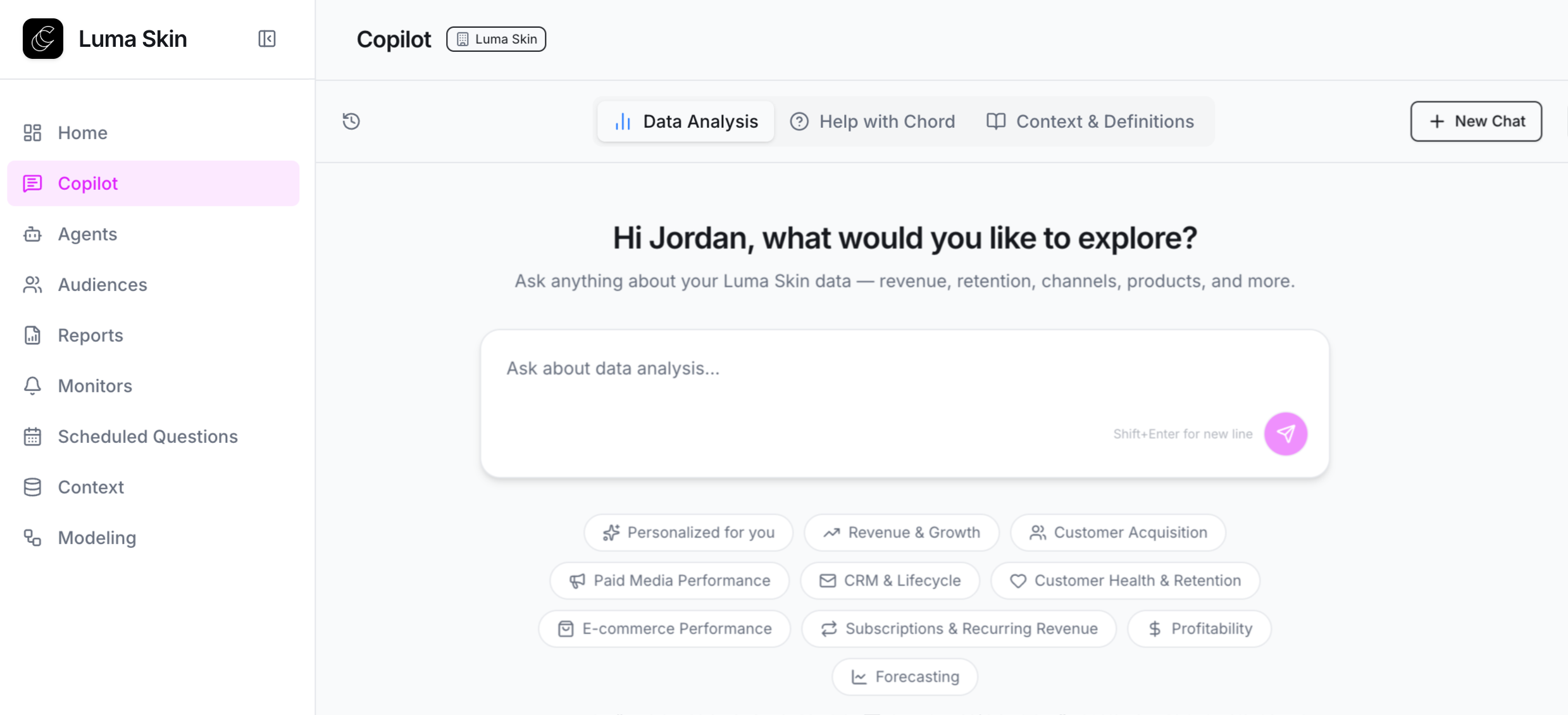 Official Chord Copilot interface showing conversational commerce data analysis
