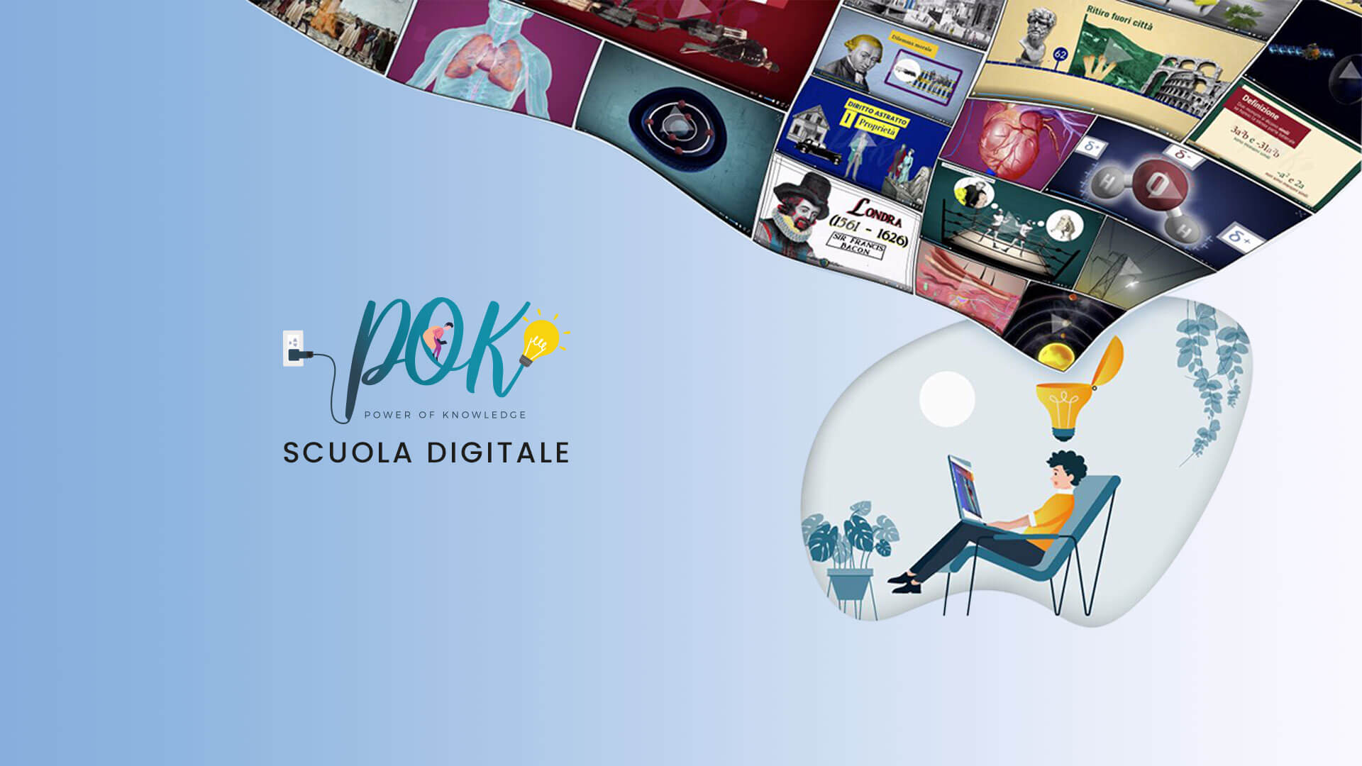 POK Scuola Digitale promotional illustration with digital learning screens and a student using a laptop