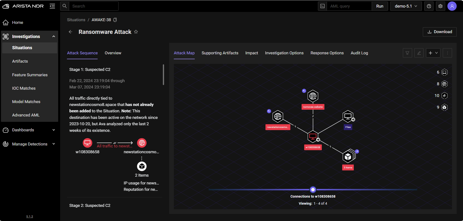 Arista NDR Situation view showing an attack sequence and connected devices