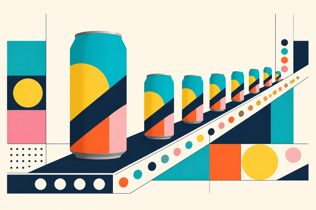 Abstract Swiss-style illustration of colorful cans moving along a geometric production line
