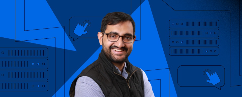 Arjun Narayan in interview artwork with blue server illustrations