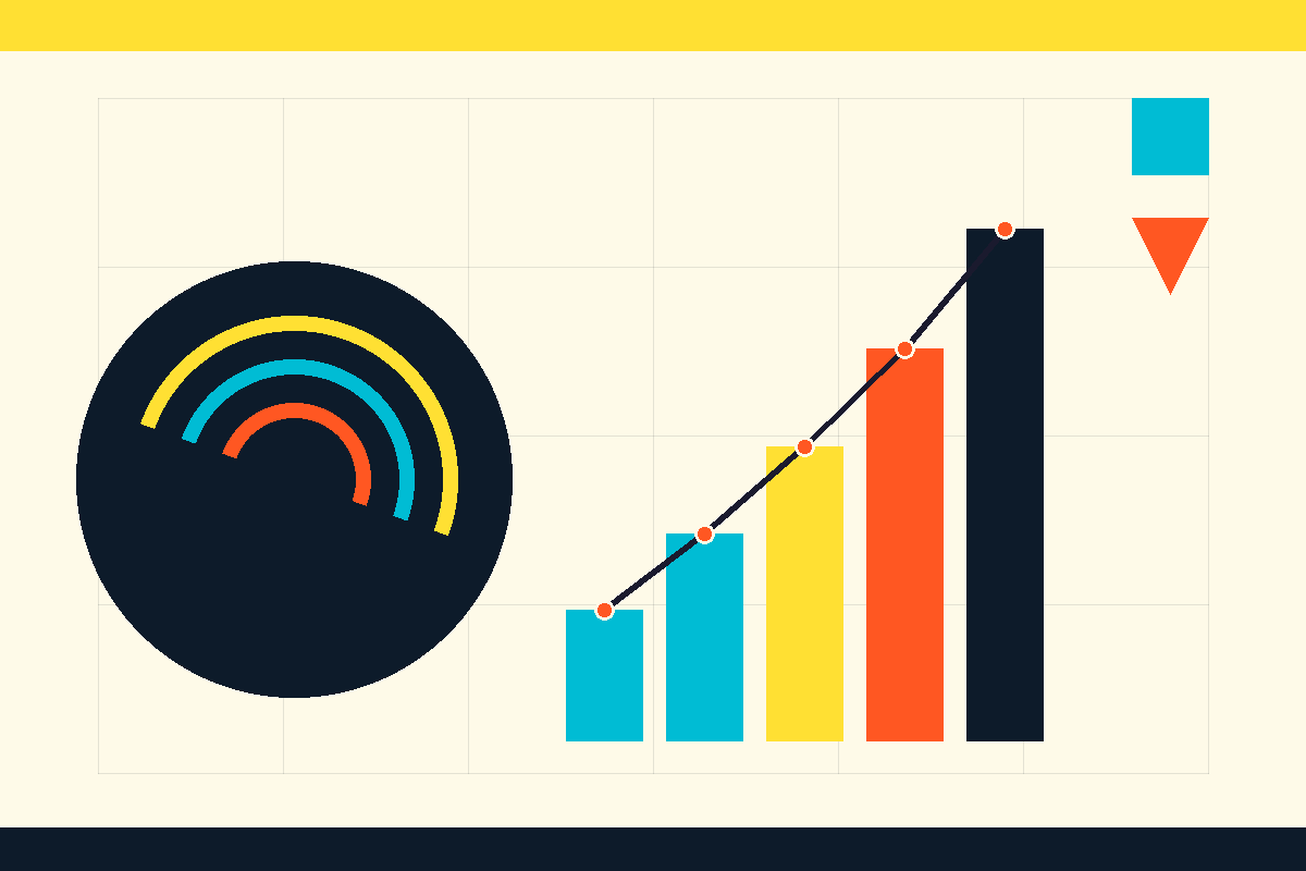 Swiss-style abstract graphic of growth arcs and rising bars