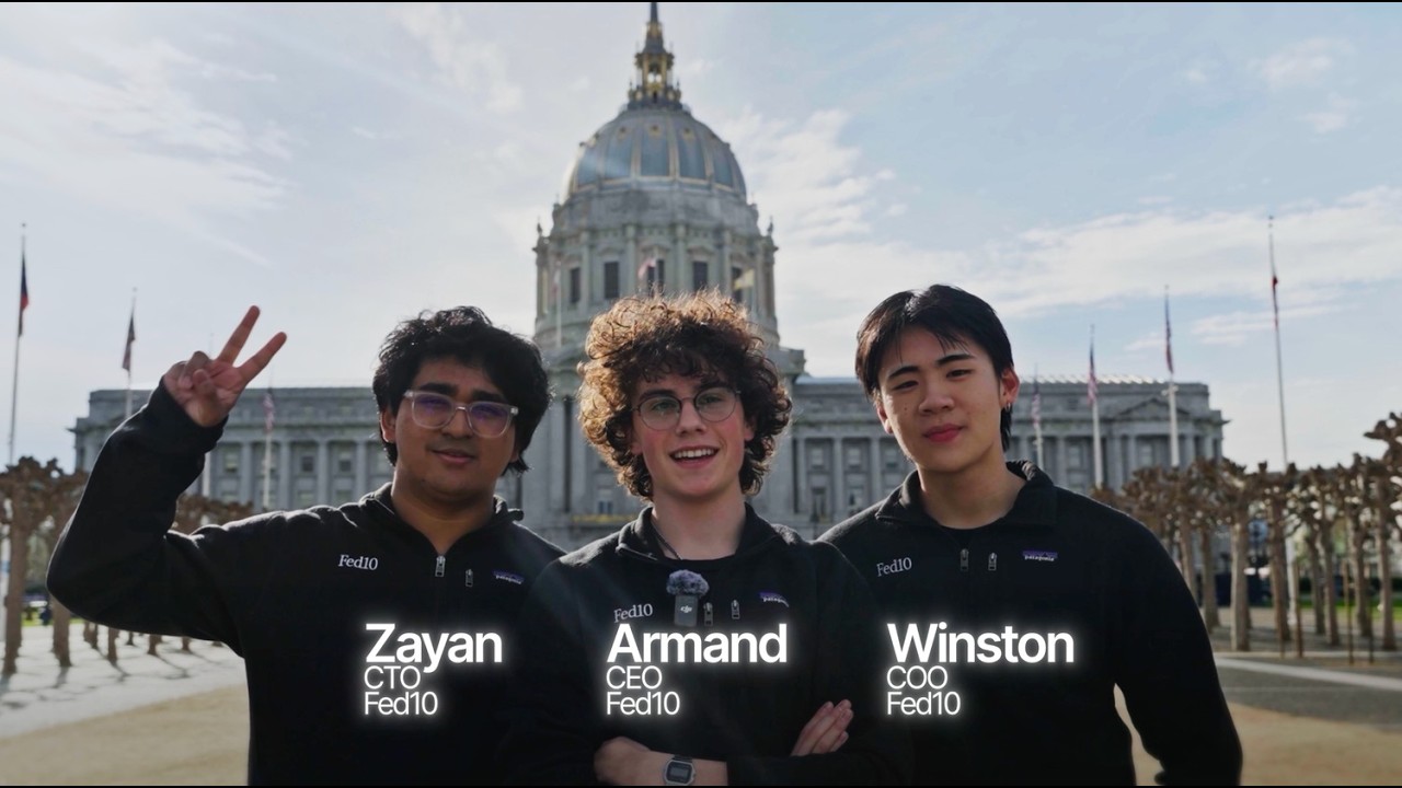 Zayan Islam, Armand Iorgulescu, and Winston Wei standing outside San Francisco City Hall in a frame from the Fed10 launch video