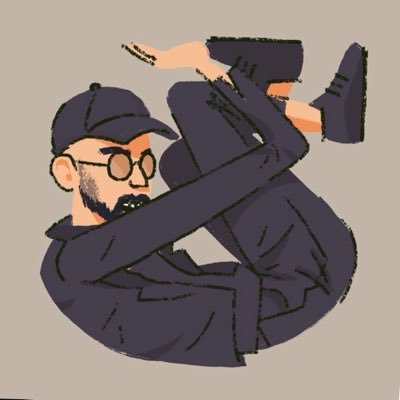 An illustrated social avatar of Armand Saramout curled into a compact pose