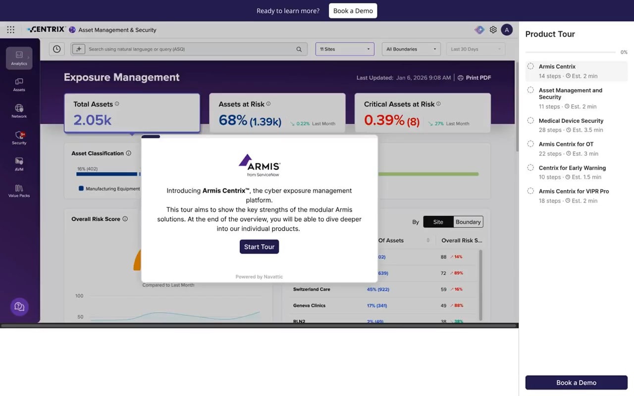 Armis Centrix interactive product tour showing an exposure management dashboard and tour menu