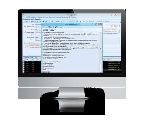 Archival ARMS CAD product image showing a dispatch screen with a standard operating procedure window