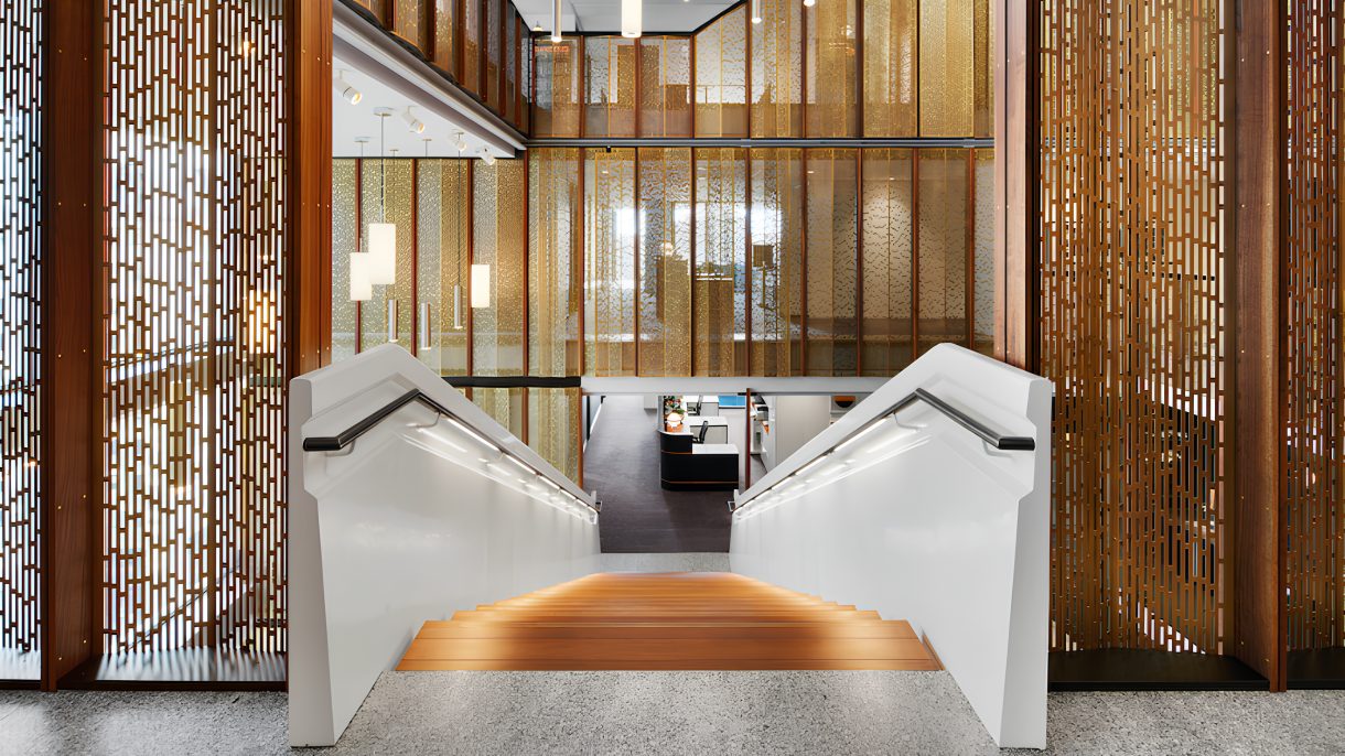 An architectural stairwell surrounded by patterned screens, pictured in Armstrong’s Eventscape announcement