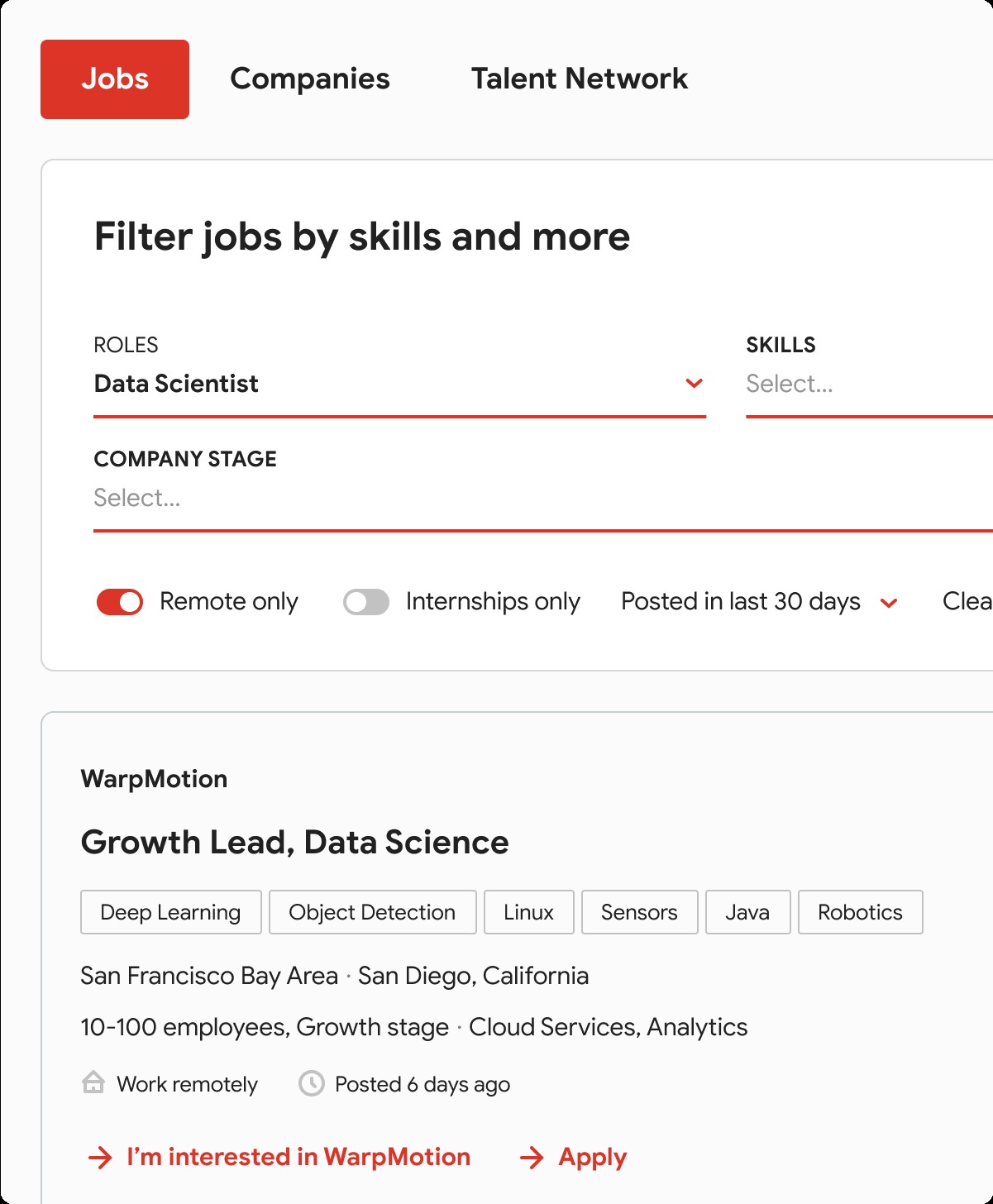 A Consider product interface showing a branded portfolio job board