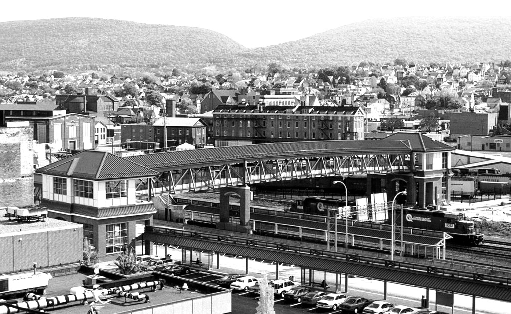 An elevated pedestrian bridge crossing railway tracks in Altoona, Pennsylvania