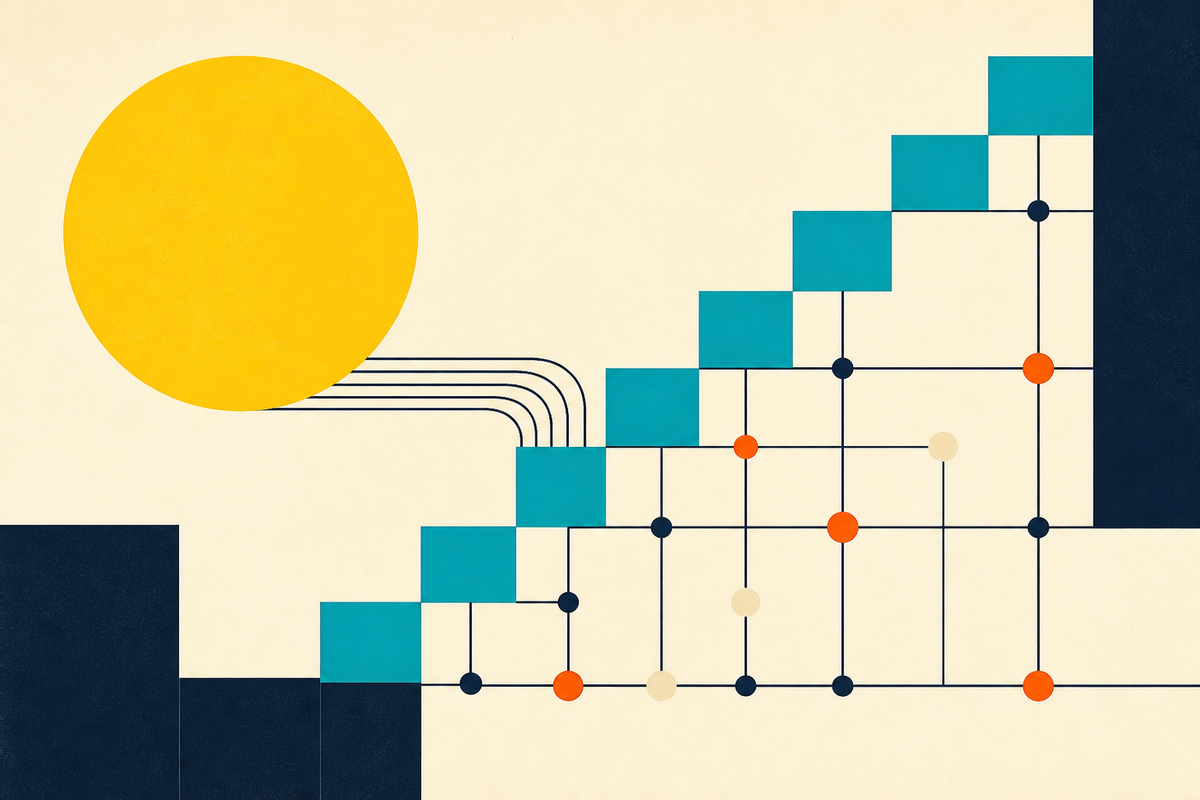 Abstract Swiss-style composition of a yellow circle feeding a teal staircase across a portfolio grid