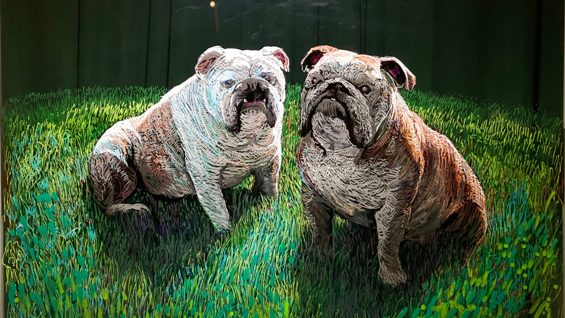 A finished Art of Everyone painting showing two bulldogs in a field