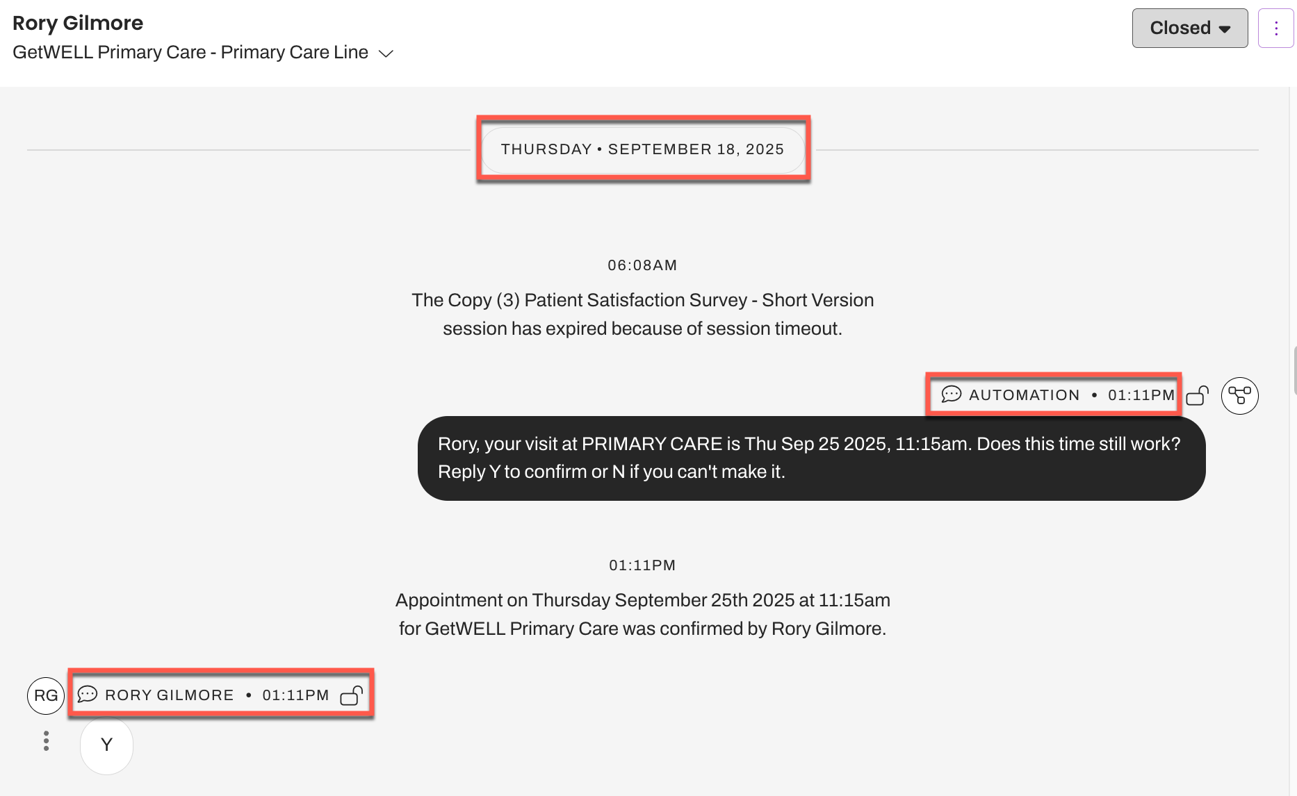 Artera Patient Channel showing an automated appointment confirmation conversation