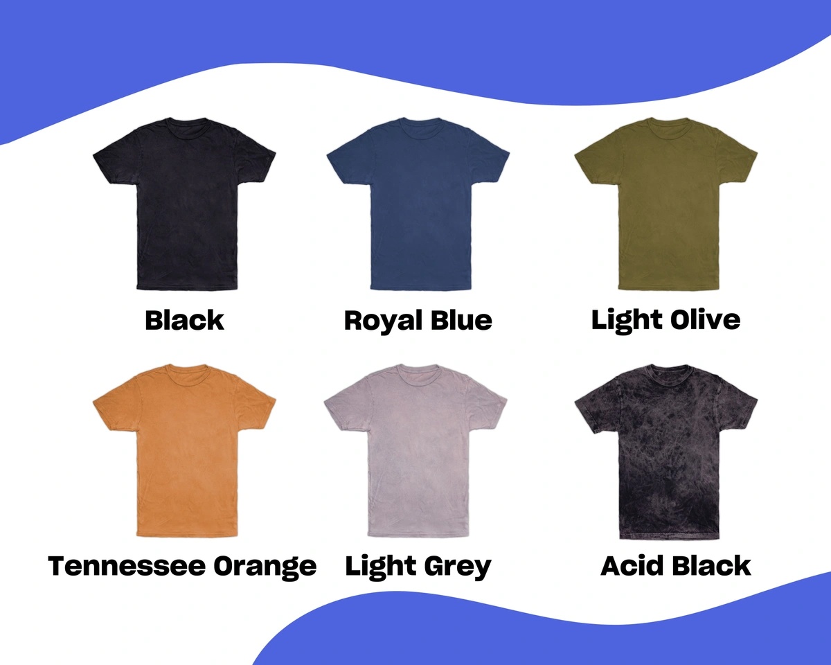 Six TeePublic vintage wash T-shirt mockups in black, blue, olive, orange, grey and acid black