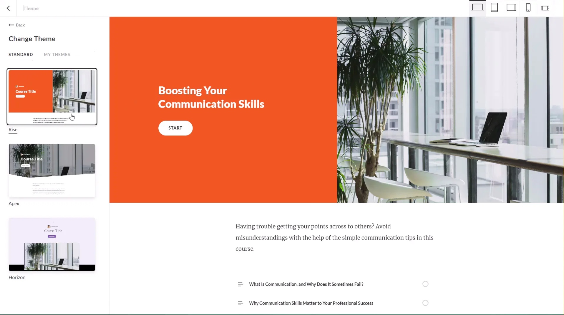 Rise 360 theme selector beside a preview of a communication skills course