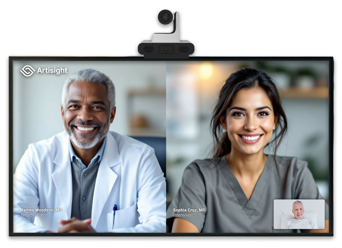 Artisight promotional illustration showing a two-way clinical video consultation on an in-room display