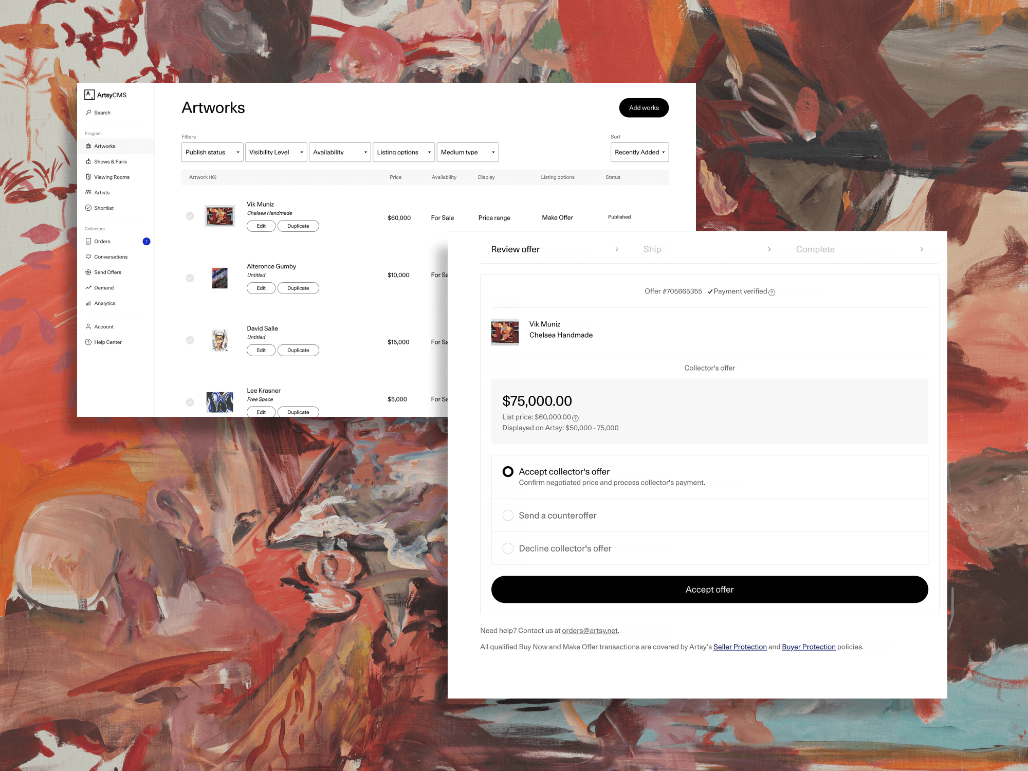 Artsy promotional montage of gallery sales and analytics tools