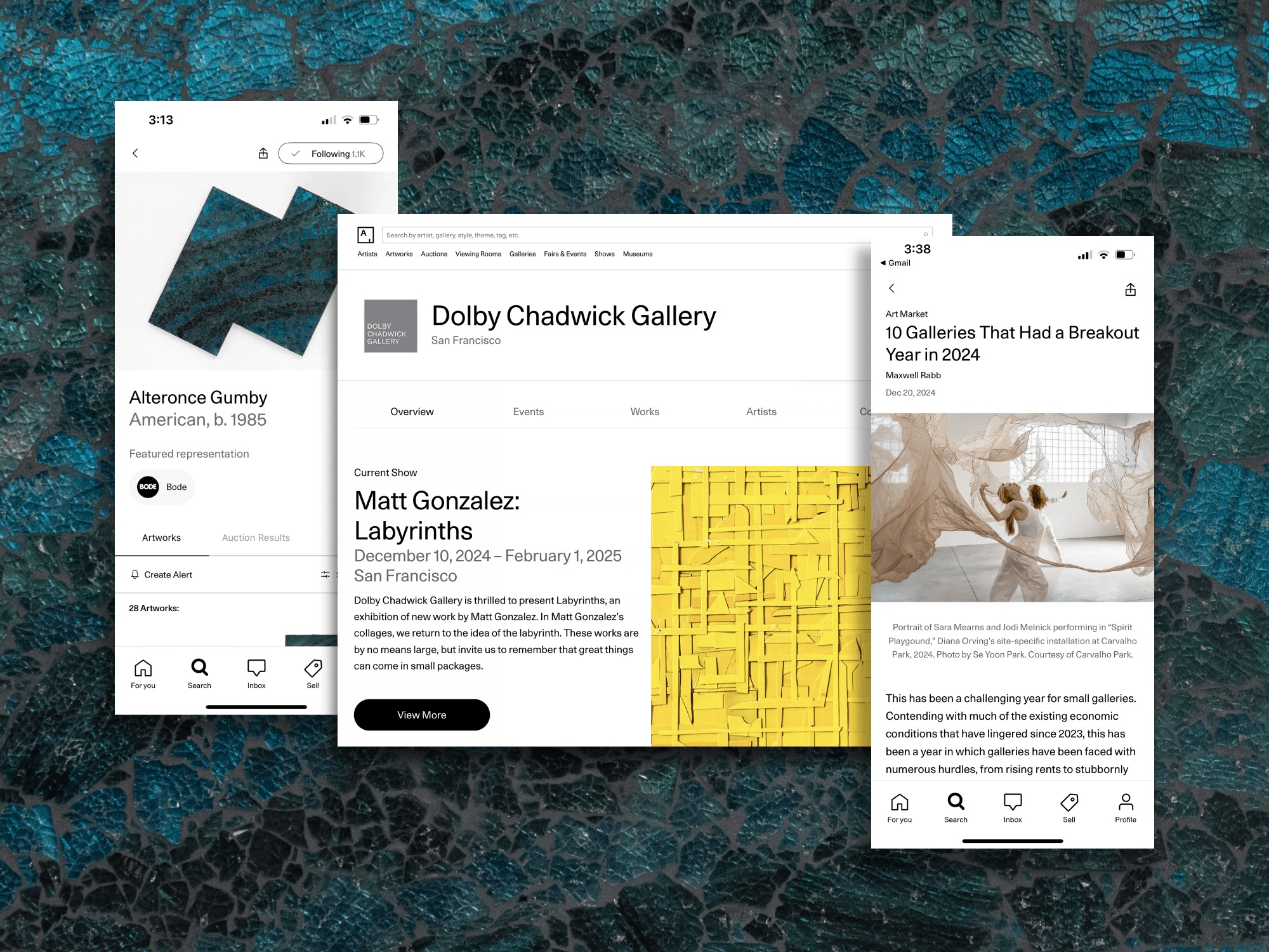 Artsy product montage showing artist pages, a gallery exhibition, and editorial coverage on mobile and desktop