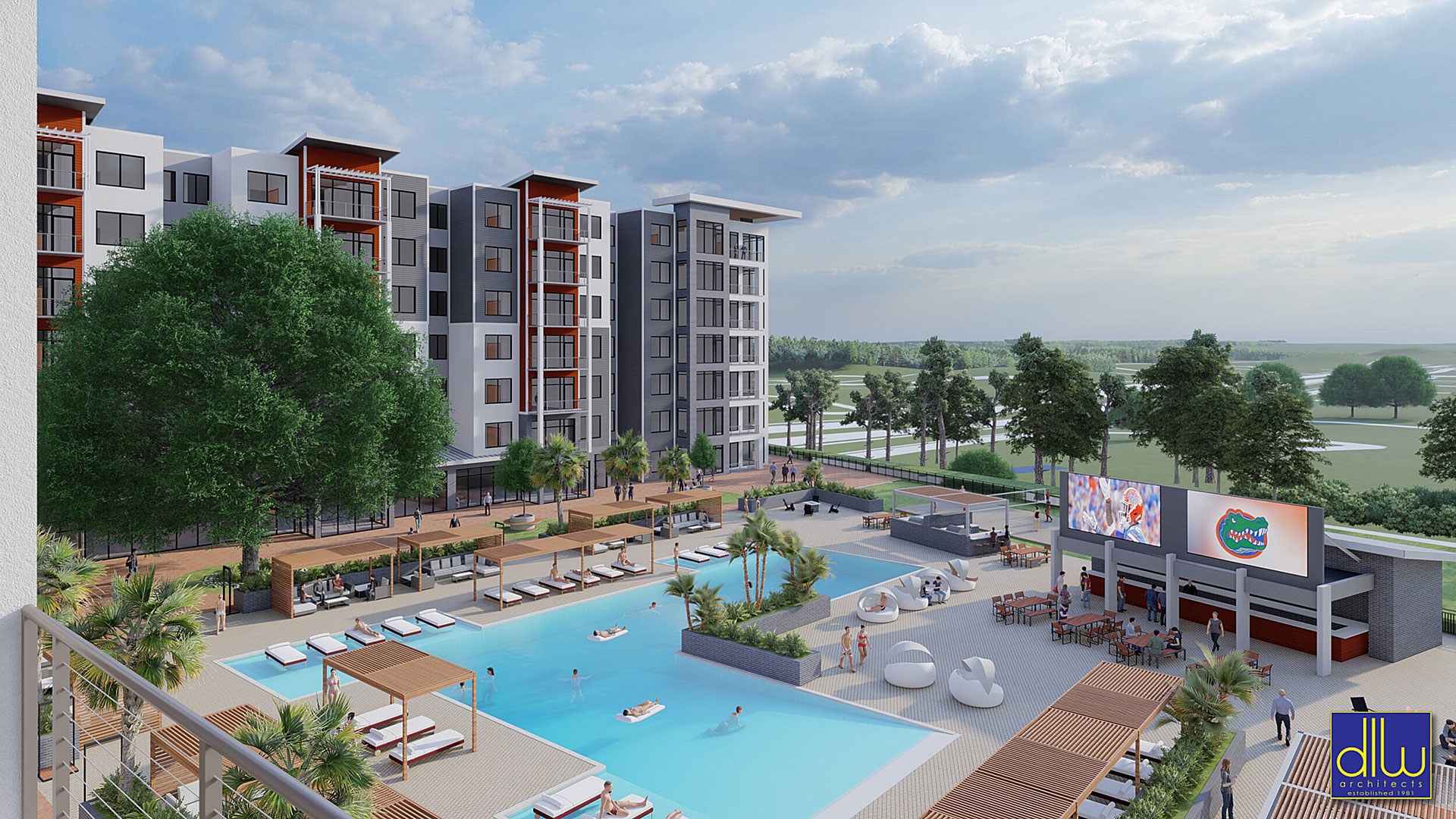 Architectural rendering of Archer Place showing planned residences and a pool courtyard