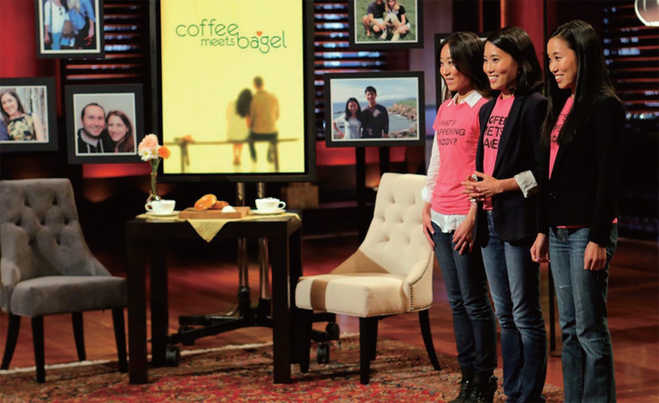 Soo, Arum and Dawoon Kang presenting Coffee Meets Bagel on the Shark Tank set