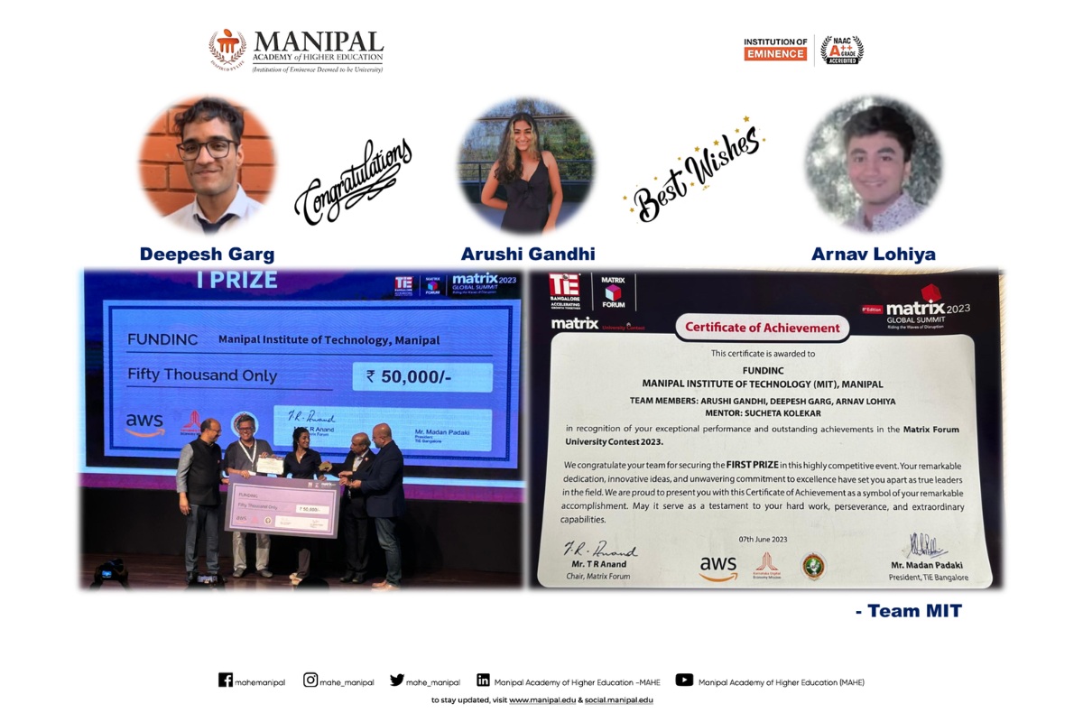 Manipal Institute of Technology graphic celebrating Arushi Gandhi, Deepesh Garg and Arnav Lohiya for Fundinc's first-place finish at the 2023 Matrix University Contest
