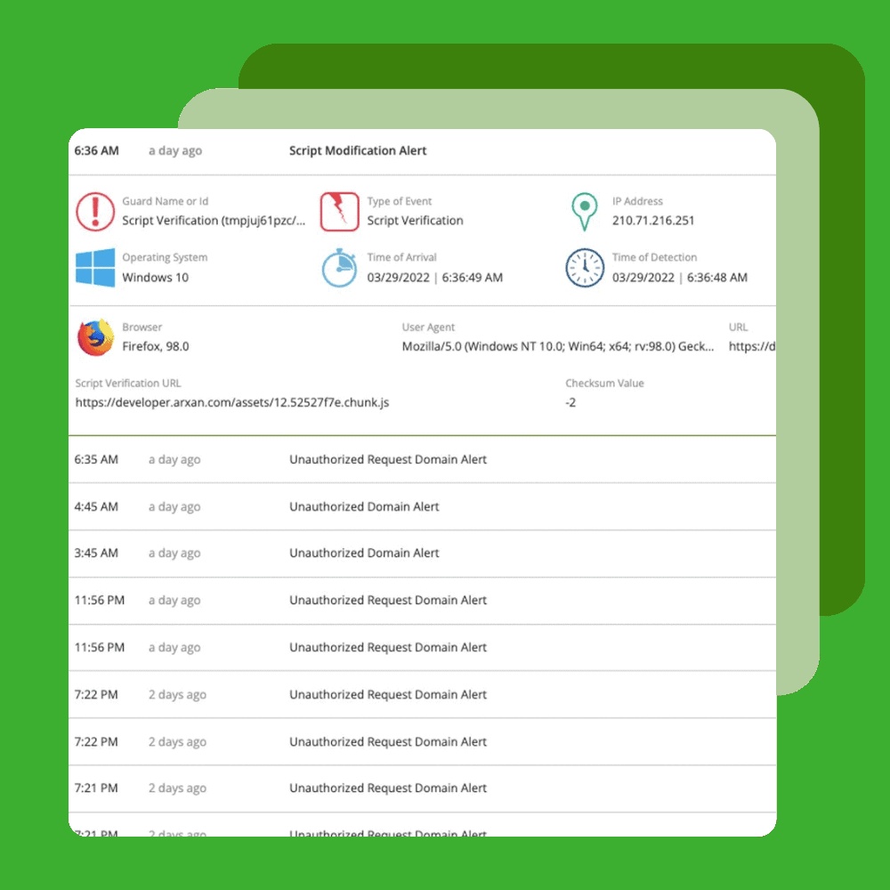 Digital.ai monitoring product illustration showing script-modification and unauthorized-domain alerts