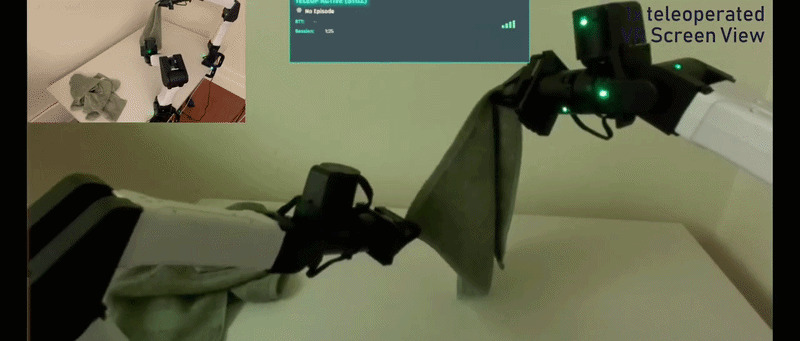 A split-screen view of an Avea Robotics teleoperation demonstration, with a robot arm and its remote operator view