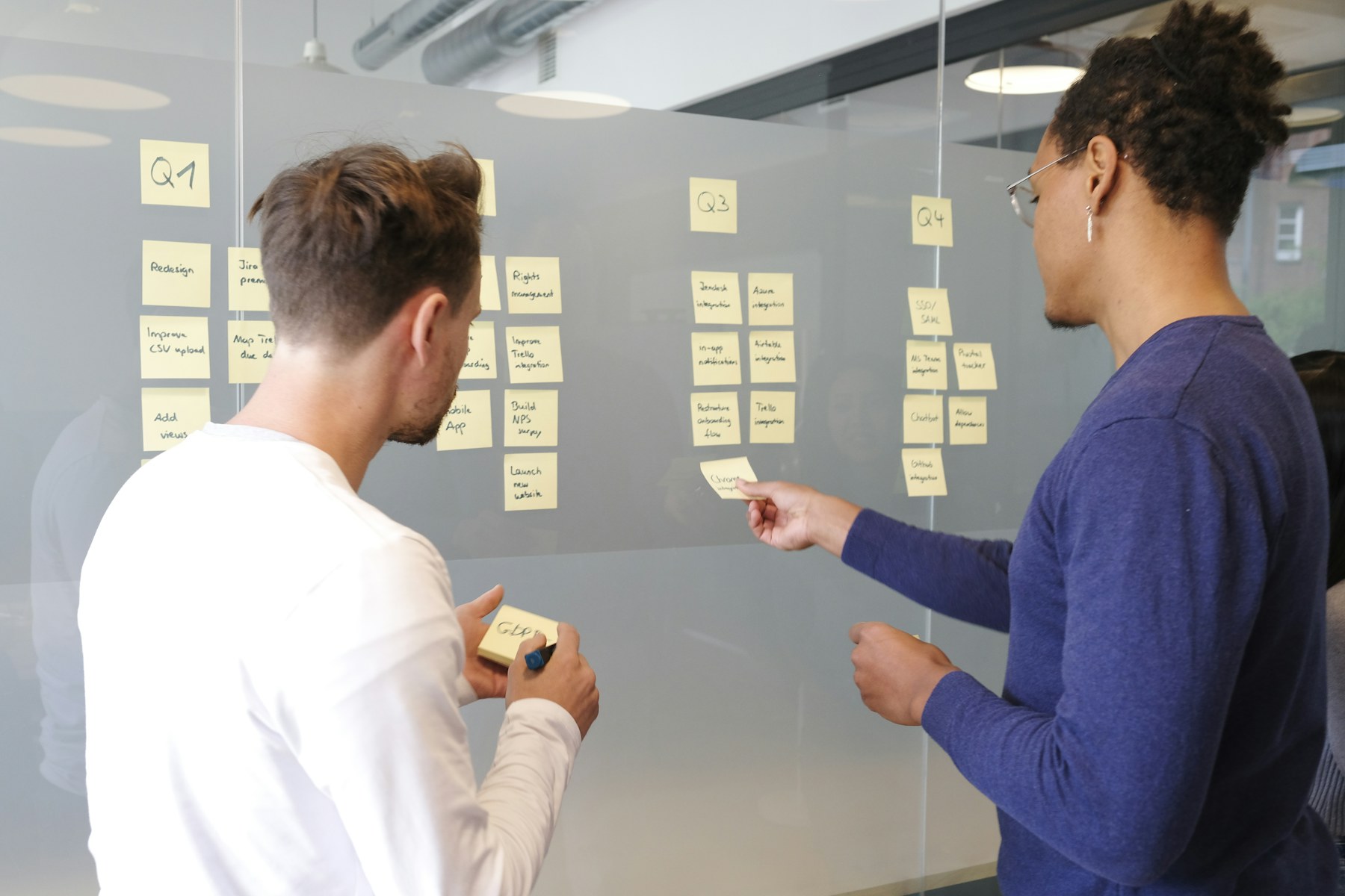 Two colleagues arranging yellow planning notes on a glass wall