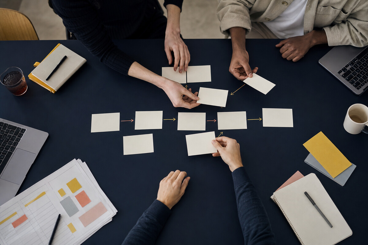 Coworkers arranging a project flow with blank cards at a dark table