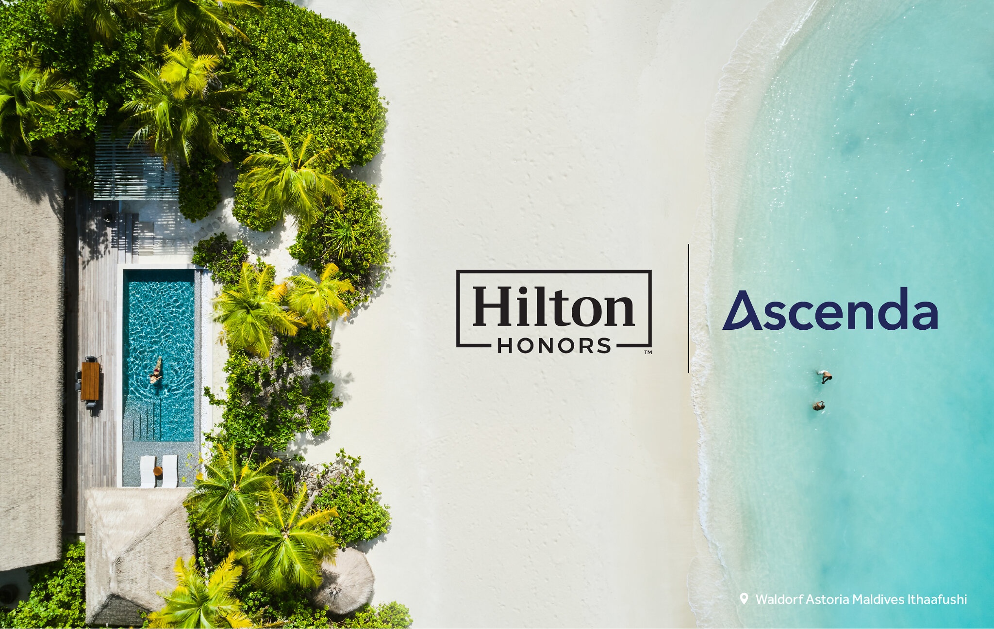 Hilton and Ascenda partnership press image showing the beach and pool at Waldorf Astoria Maldives Ithaafushi