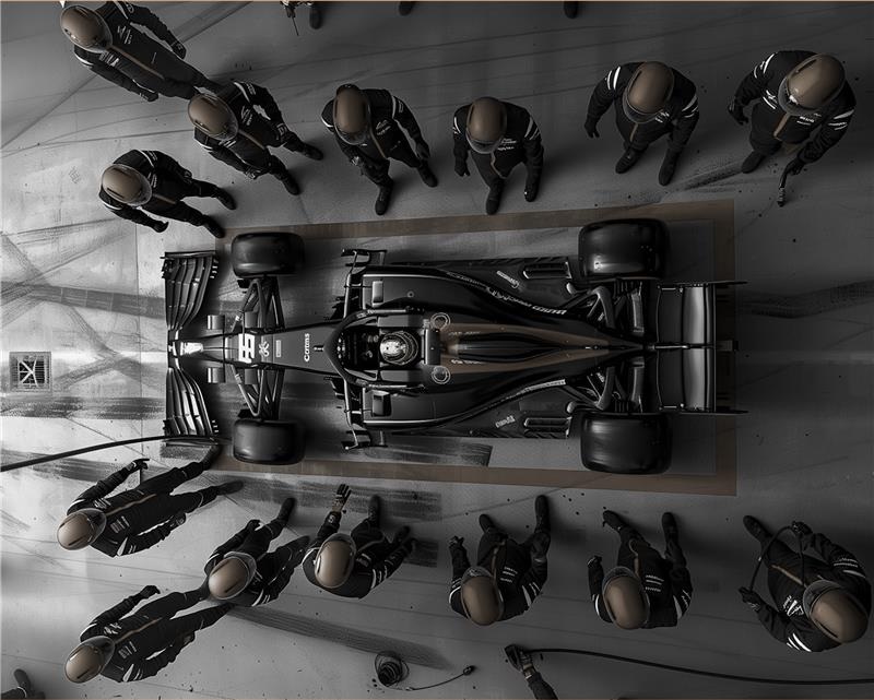 An overhead view of a racing car surrounded by a waiting pit crew