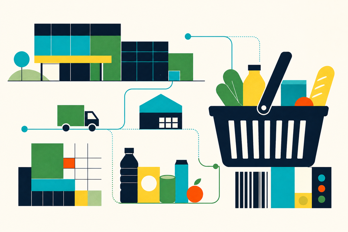 Abstract Swiss-style illustration of a supermarket, delivery network, groceries and shopping basket