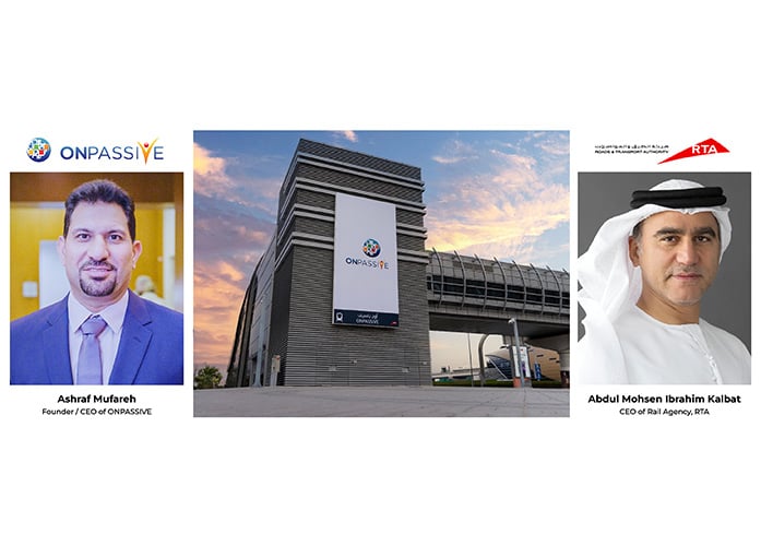 2023 press composite showing Ash Mufareh, OnPassive station branding and RTA Rail Agency chief Abdul Mohsen Ibrahim Kalbat