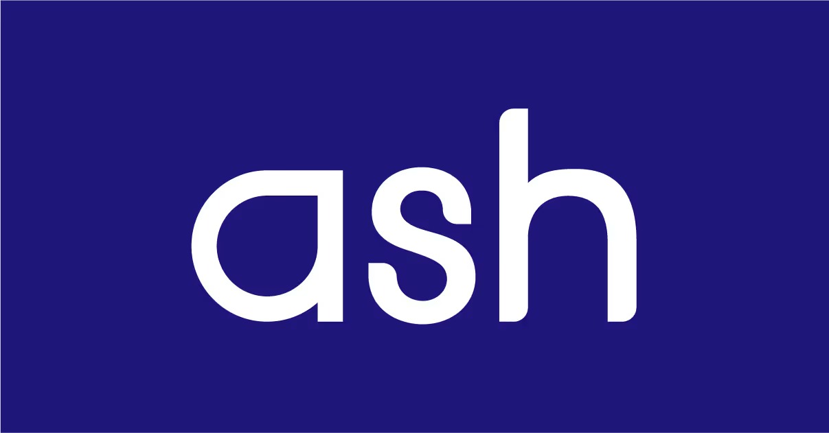 Ash logo - lowercase 'ash' wordmark in white on a navy field