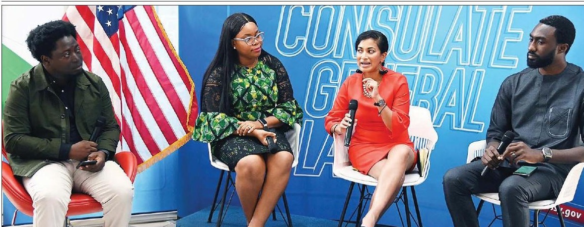 Asher Adeniyi, at right, seated with three other participants during a 2023 entrepreneurship and innovation panel in Lagos