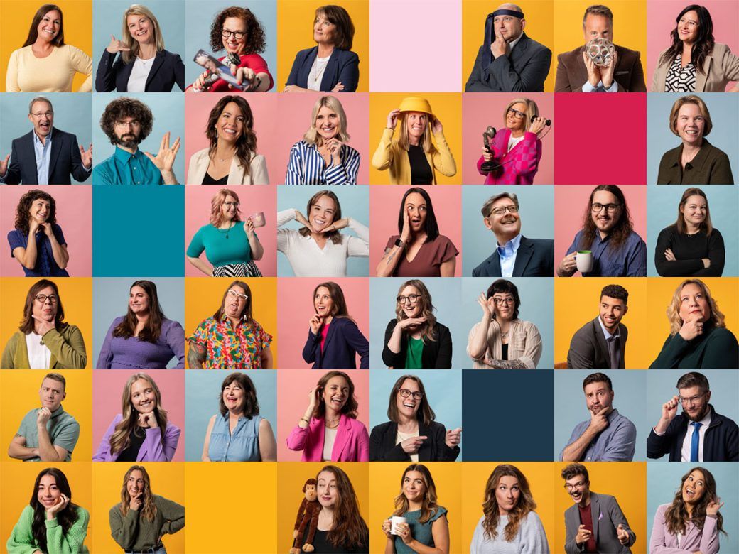 Grid of Asher Agency employees posing against colorful backgrounds