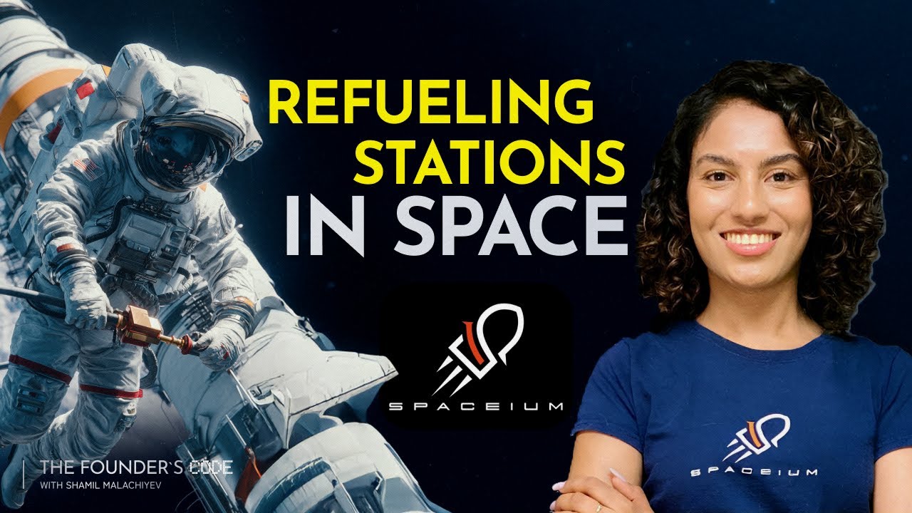 Ashi Dissanayake in a Spaceium shirt beside artwork illustrating refueling stations in space