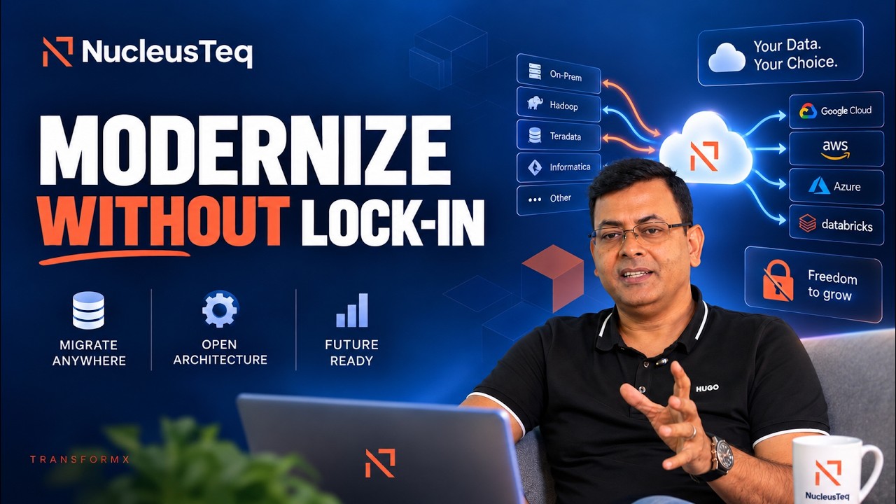 Ashish Baghel speaking beside a laptop in a NucleusTeq video about modernization without lock-in