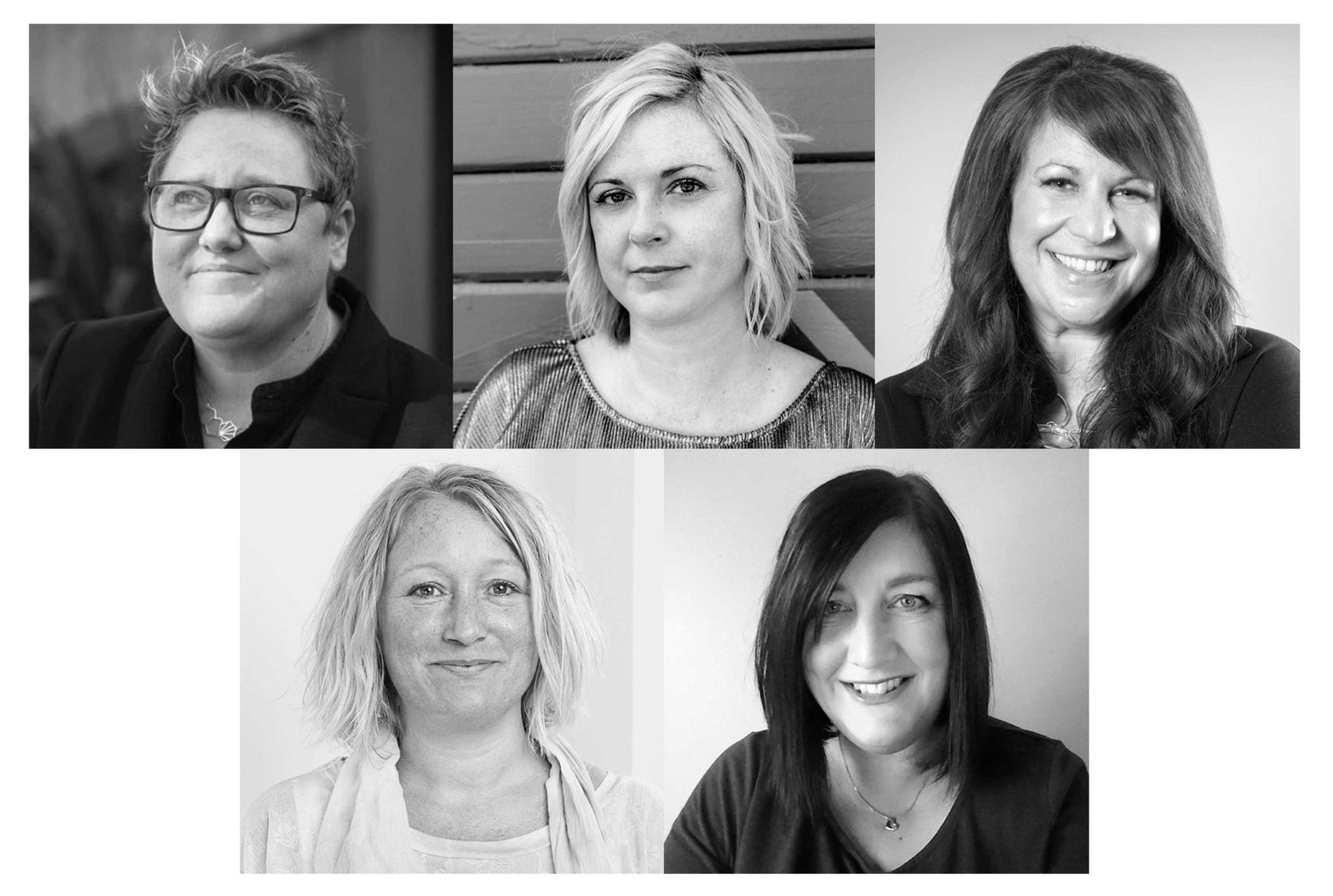 A black-and-white composite portrait of Social Element's all-female executive team