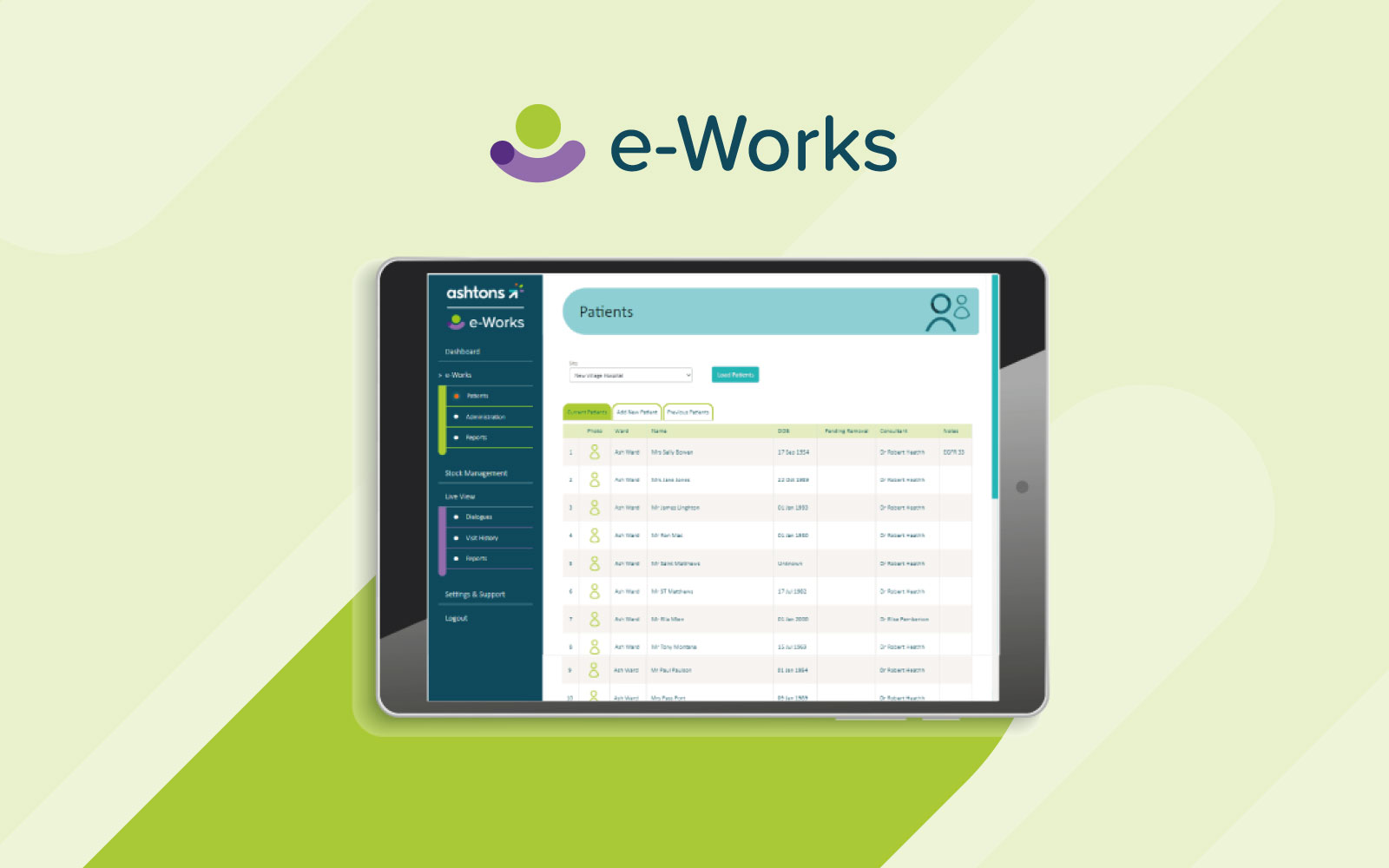 Ashtons promotional image showing the e-Works patient dashboard on a tablet