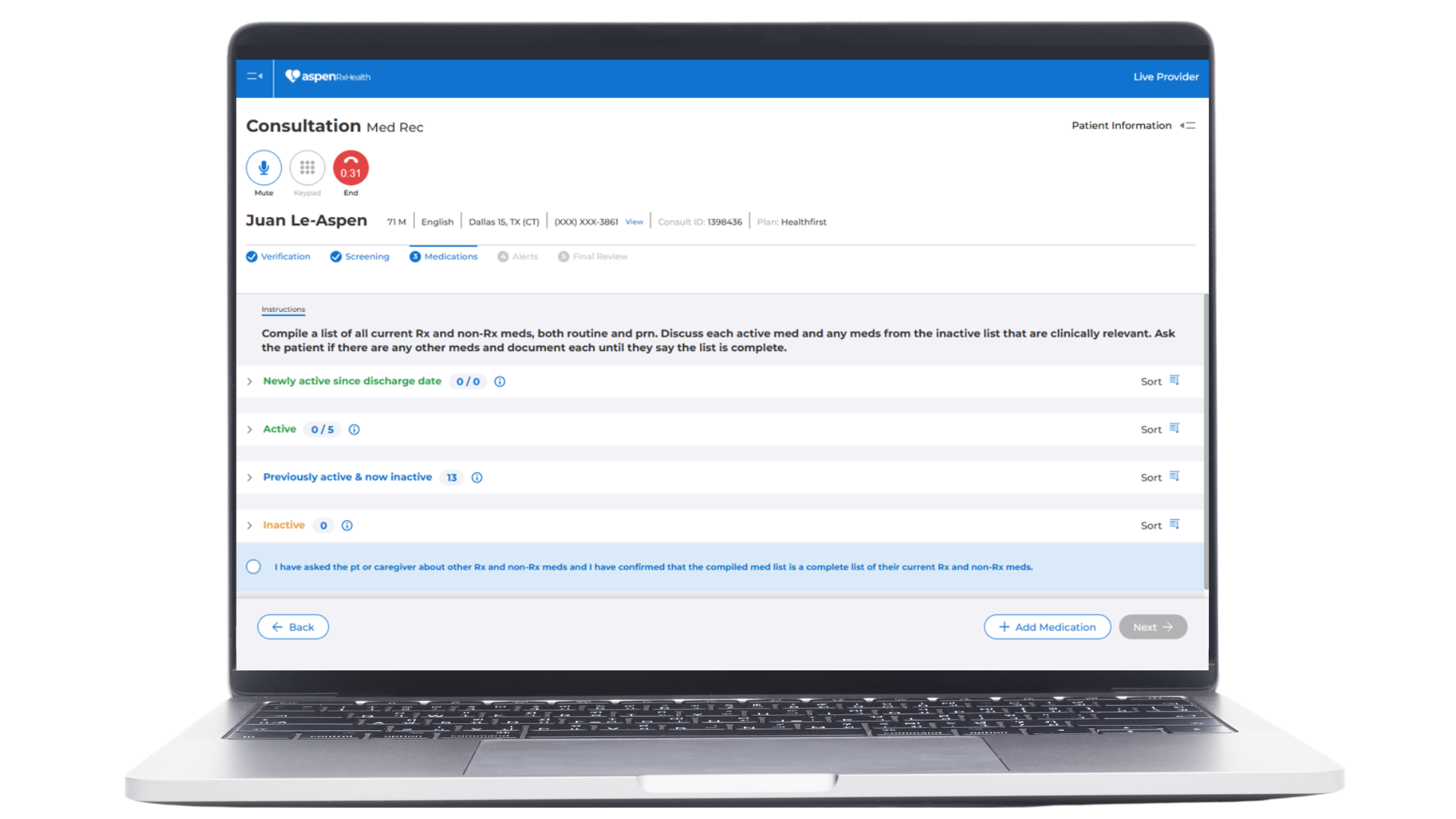 Aspen RxHealth product mockup showing a medication reconciliation consultation on a laptop