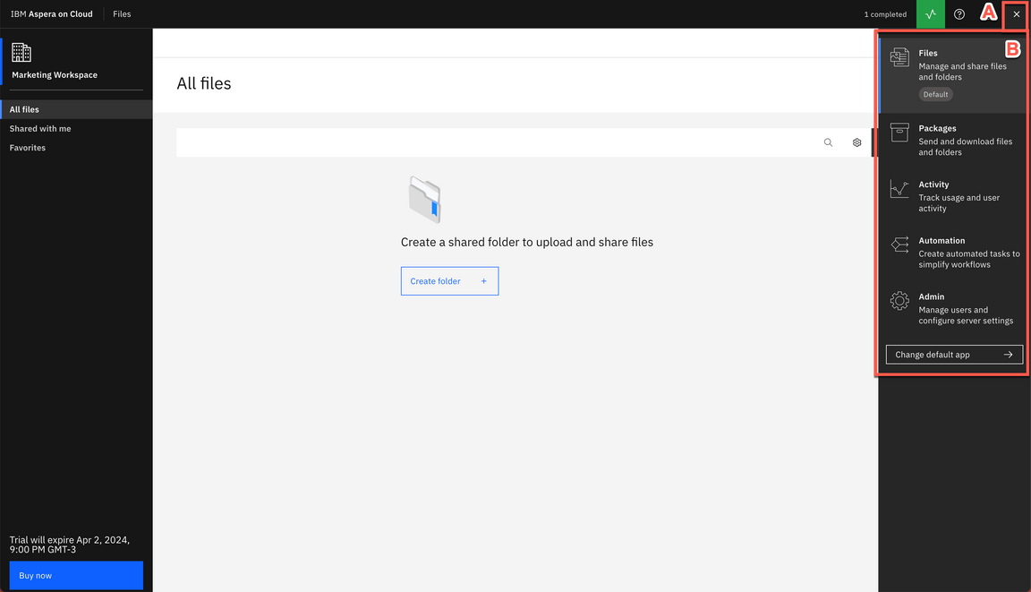 IBM training screenshot showing Aspera on Cloud Files, Packages, Activity, Automation and Admin applications