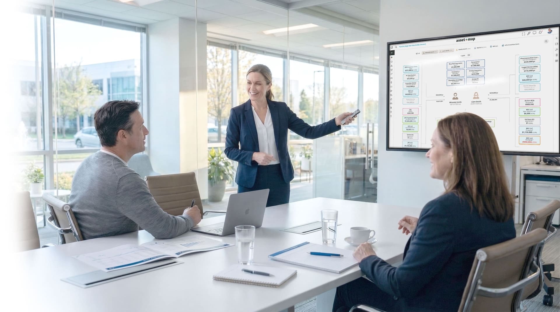 An adviser presents an Asset-Map household view on a large meeting-room screen