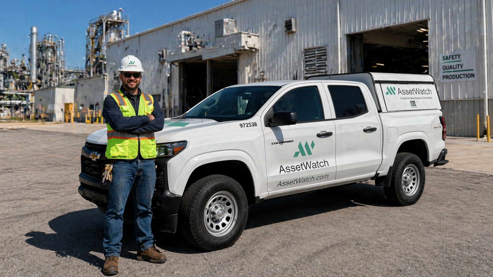 AssetWatch field technician beside a branded pickup truck outside an industrial facility