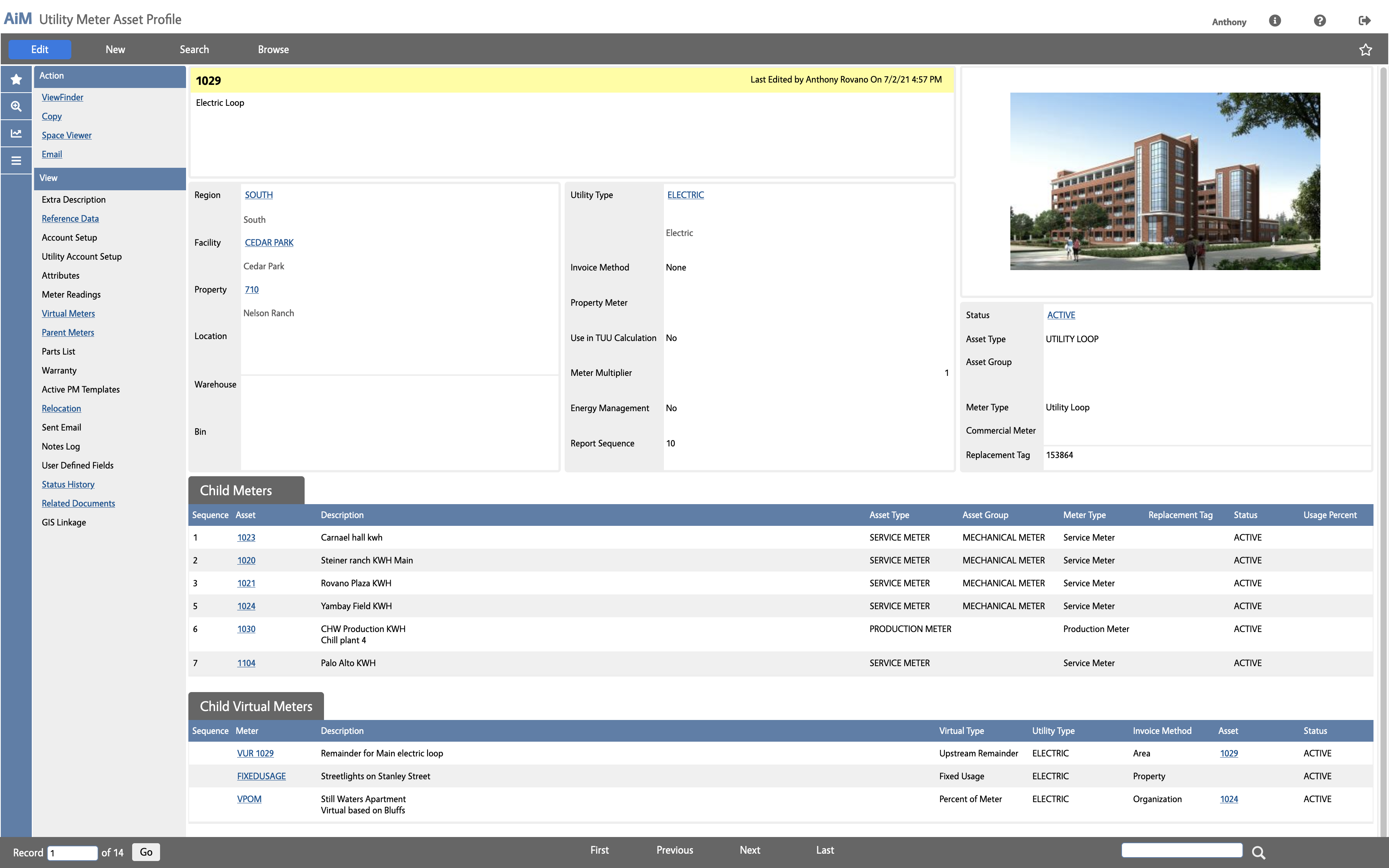 AiM software showing a utility meter asset profile