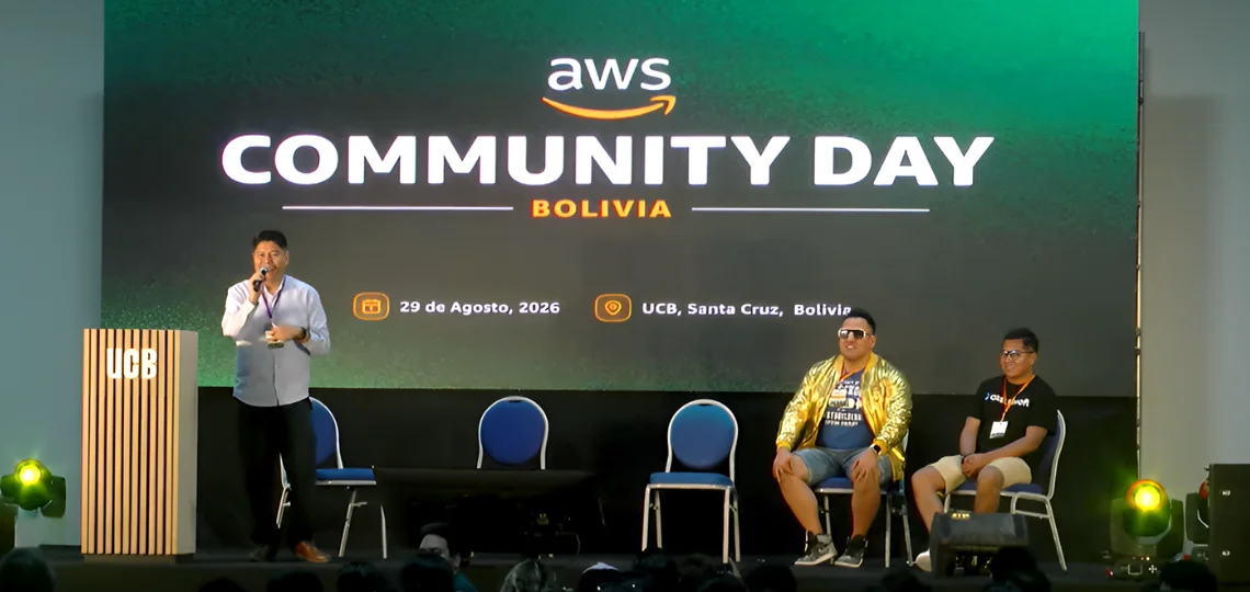 Speakers onstage at AWS Community Day Bolivia in Santa Cruz in August 2026