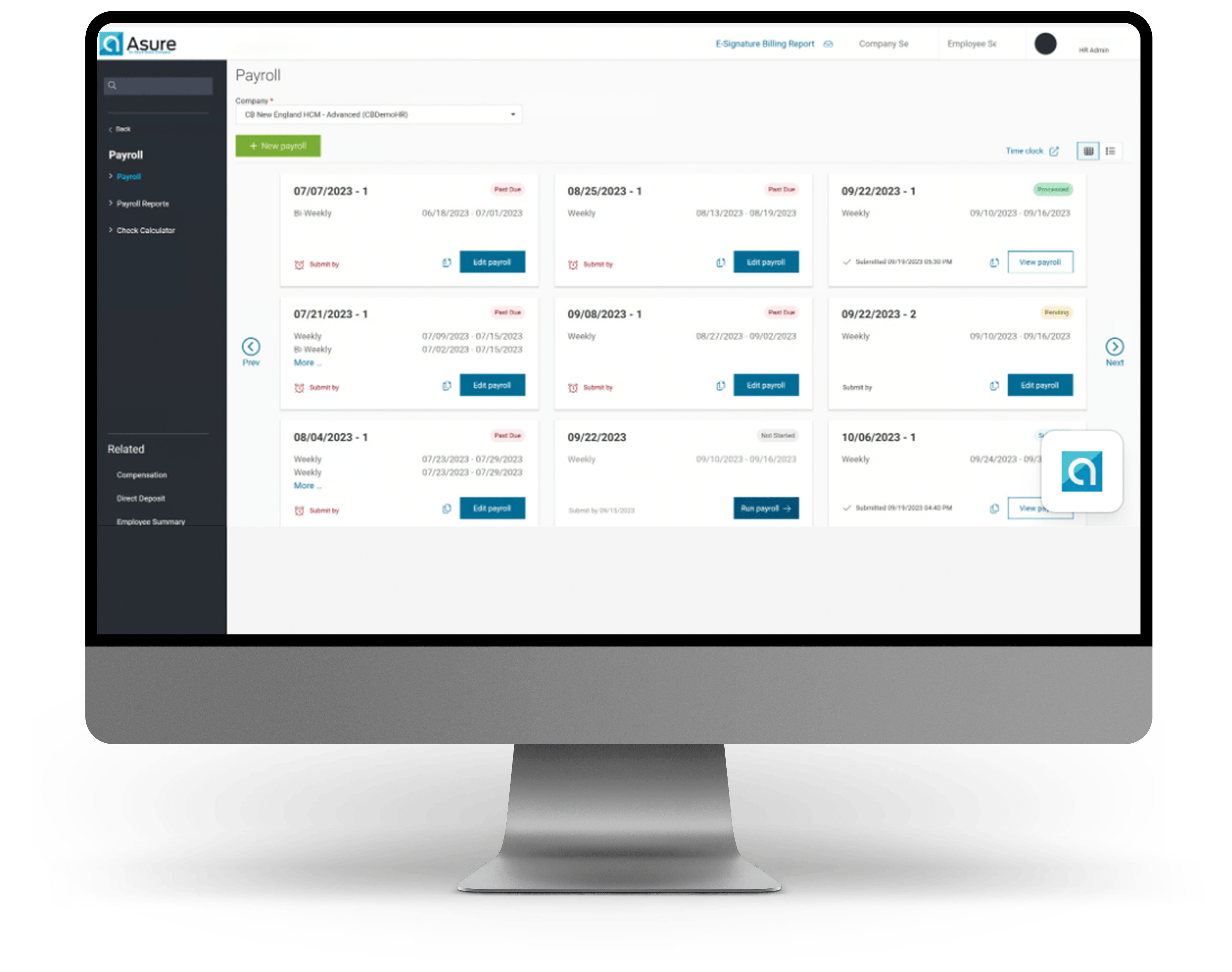 Asure payroll dashboard showing upcoming and completed pay runs