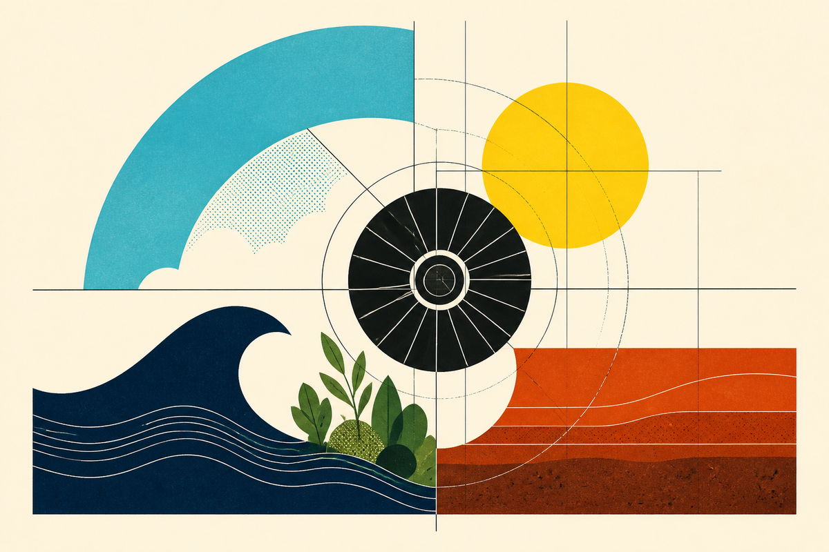 Abstract Swiss-style composition joining air, water, soil, biodiversity and industrial machinery