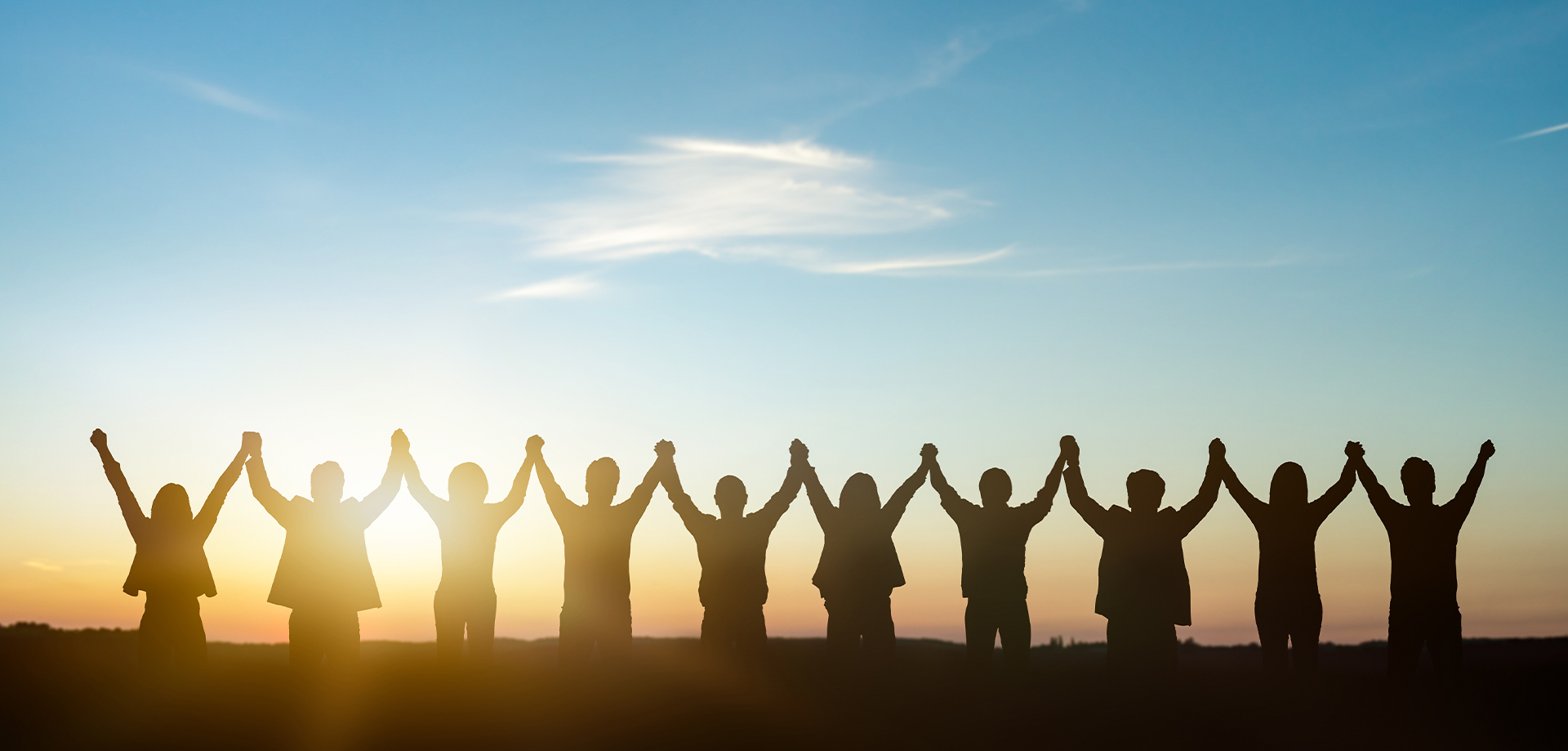 Silhouetted group holding hands at sunset