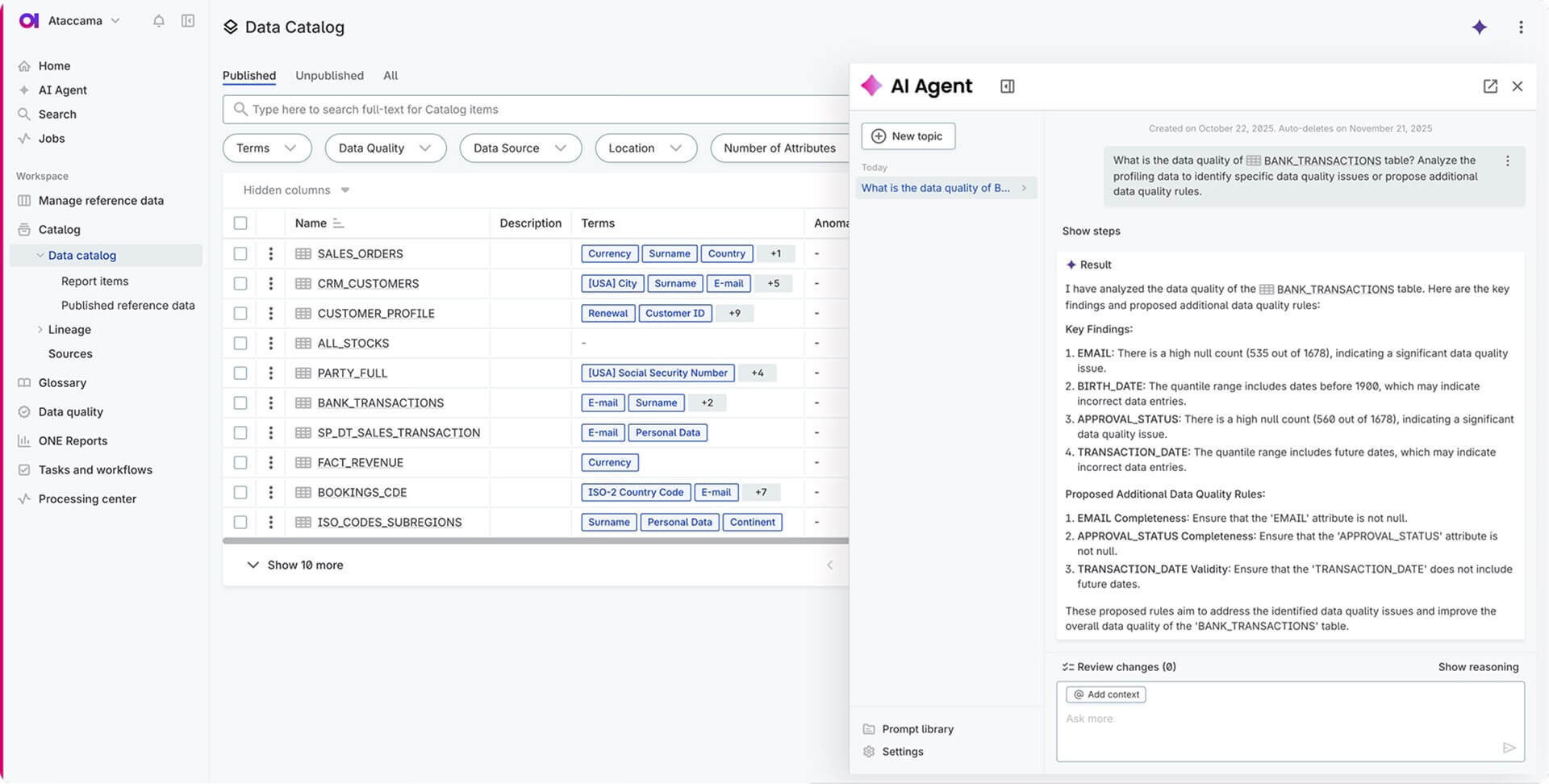 Ataccama ONE AI Agent product interface shown on the company website